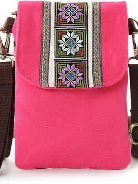 NEW Pink Embroidered Canvas Flip Crossbody Bag Cell Phone Pouch Wristlet
